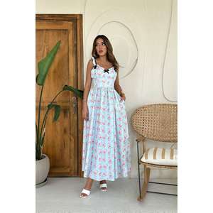 Elegante Vestido Floral Azul Cielo con Tirantes Finos, Corte en A, Cintura Elástica, Tejido Transpirable, para Uso Diario Informal - Product Image 5