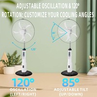 Ventilateur solaire rechargeable de 18 pouces avec panneau solaire, ventilateur sur pied avec lumière LED et télécommande pour la maison