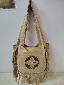 Sac fourre-tout bohème en jute avec broderie, motif géométrique, bandoulière à franges, sac à main décontracté pour femme, usage quotidien, fait main, tendance - Product Image 1