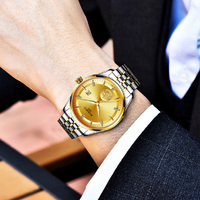 Montres automatiques pour hommes avec cadran doré, boîtier en acier inoxydable, logo personnalisé, aiguilles lumineuses, mouvement suisse.