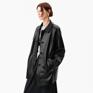 Manteau <span class=keywords><strong>Mac</strong></span> en peau de mouton semi-tannée à la cire noire pour femme, coupe décontractée, coupe-vent, teint uni, avec boutons recouverts de tissu et polyester - Product Image 3