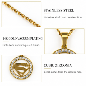 Collier pendentif emblème rond en acier inoxydable plaqué or sous vide avec zircone cubique - Product Image 2