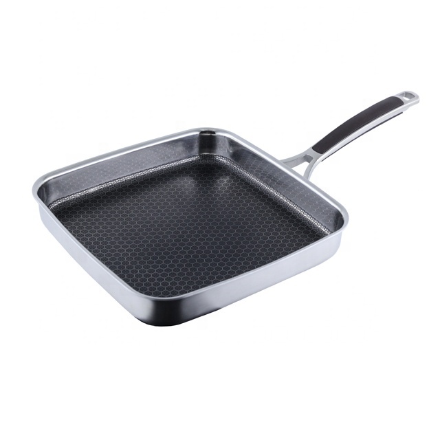 Modern 26cm Triply Stainless Steel Square Pan Non-Stick Frying Grill Pan with Honeycomb Pattern for Induction Cooker