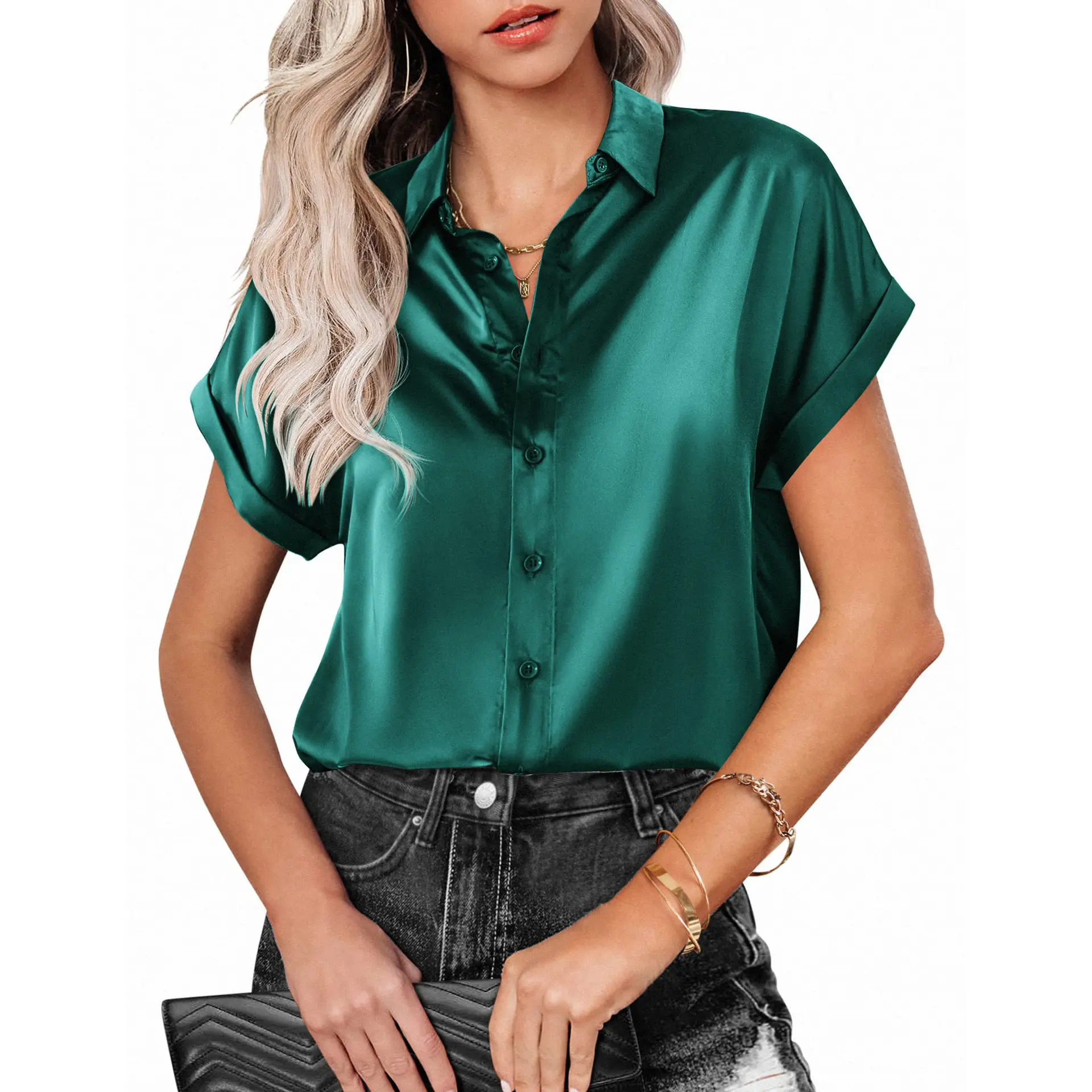 Summer Short Sleeve Solid Broadcloth Women Shirt Office Ladies Casual Shirt Cardigan Blouses apparel stock