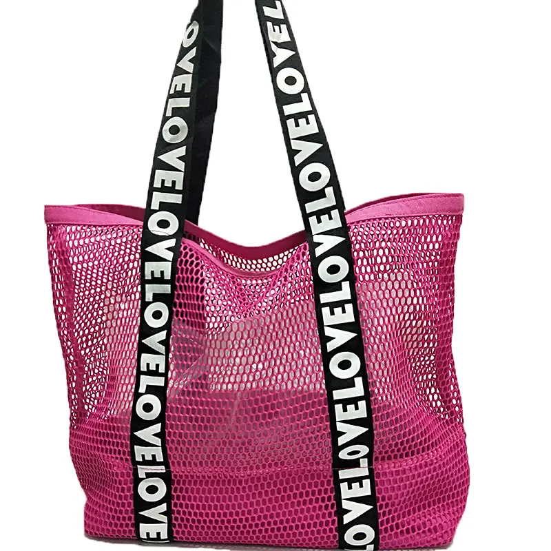 Customized LOVE Letter Big Fishing Net Tote Bag Women Hollow Out Shoulder Bag Teenager Large Summer Mesh Beach Bag Lady Handbag