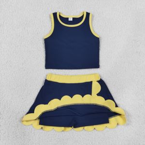 GSD4111 RTS Ensemble décontracté pour petite fille, motif à carreaux bleu marine, bordure festonnée dorée, ensemble sans manches, jupe et ensemble de yoga, vente en gros pour enfants - Product Image 3