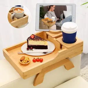 Recién llegado, bandeja de Clip de brazo de sofá plegable giratoria de 360 grados, mesa de brazo de sofá de madera, bandeja de soporte de taza de sofá de Bambú