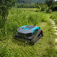 Robot tondeuse télécommandé sans fil à chenilles tout-terrain, alimenté à l'essence, pour la coupe de l'herbe en pente, dans les vergers et sur les terrains herbeux.
