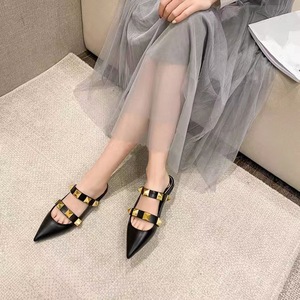 Women's <b>Pointed</b> <b>Toe</b> Rivet Mule Half Slippers, Genuine Leather <b>Flat</b> Outer Wear Sandals, Versatile Mule Shoes - Product Image 1