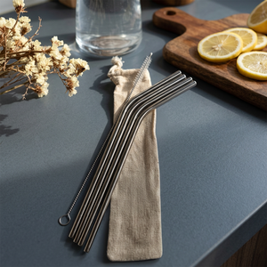 Reusable Metal <b>Drinking</b> <b>Straws</b> 4-Pack Minimalist Bar Accessories with Cleaning Brush in Cotton Bag - Product Image 5