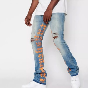 Pantalones Vaqueros Azules Casuales para Hombre, Personalizados con Letras Impresas, Ajustados, Desgastados, Estilo Stacked - Product Image 1
