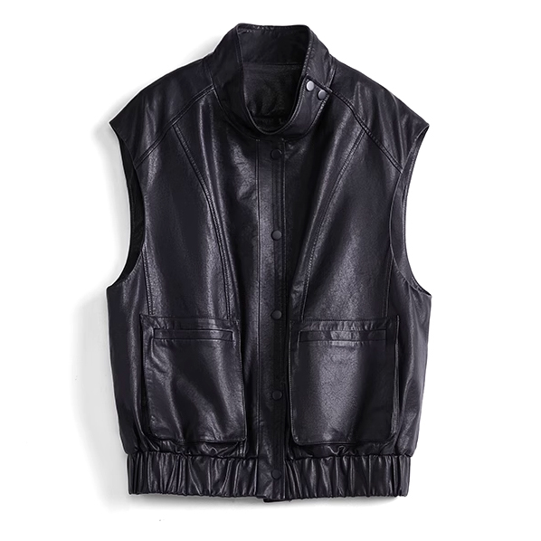 3243 Wholesale Stand Collar Pocket Casual Sleeveless Black Women Genuine Leather Vest