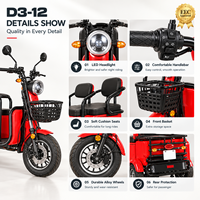 Tricycle cargo électrique à trois roues avec panier arrière, moteur 72V 20Ah 1600W, autonomie 70 km, capacité de charge 313 kg, vente en gros
