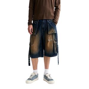 China Jeans Fabricante original Personalizado Neon Blue Side Stripes Jorts Streetwear Blue Faded Skater Denim Bermudas - Product Image 2