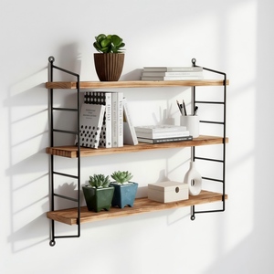 Nouvelle conception d'étagère <span class=keywords><strong>murale</strong></span> flottante à 3 niveaux <span class=keywords><strong>en</strong></span> <span class=keywords><strong>fer</strong></span> noir avec bois massif, utilisée pour la décoration intérieure de la maison et du bureau - Product Image 4