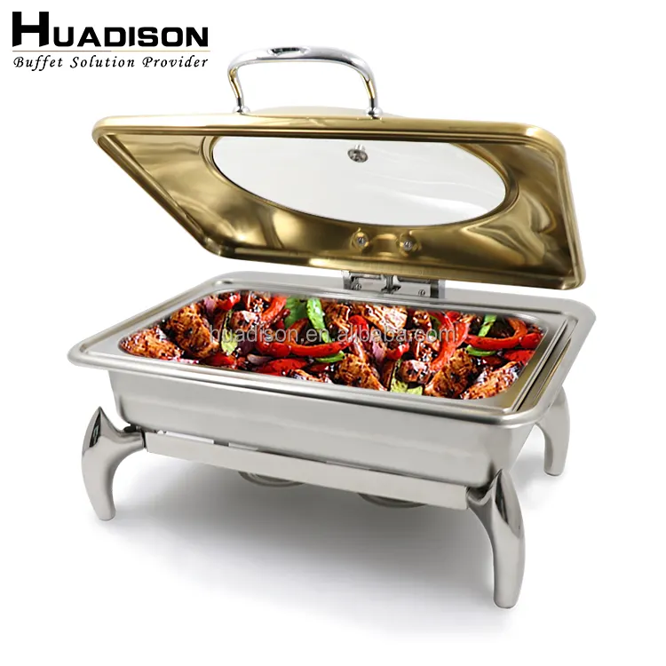 Huadison Commerciële Catering Apparatuur Deluxe Voedsel Warmers Buffet Chaffing Schotel Roll Top Messing Komfoor