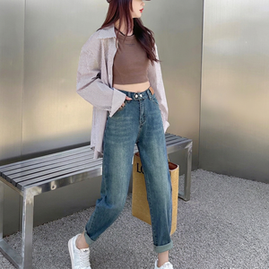 Dropshipping Pantalon Denim Boyfriend Taille Haute Jambe Large Femme Streetwear Lâche Droite Bleu Vintage Baggy Jeans - Product Image 1