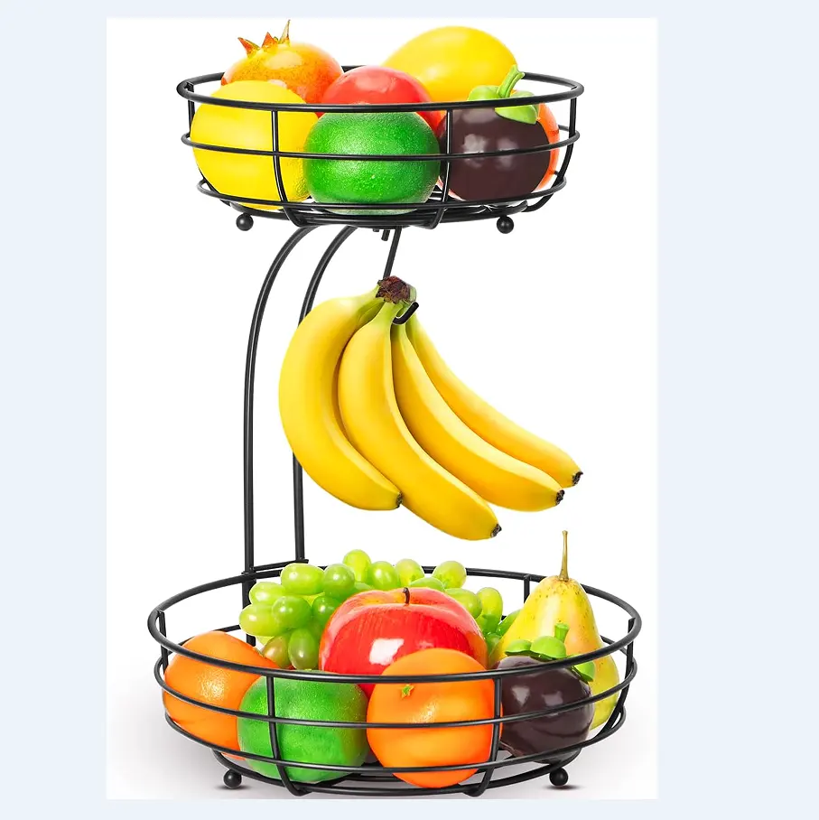Nova Chegada 2-Tier Bancada Frutas Legumes Cesta Tigela De Armazenamento Com Cabide De Banana