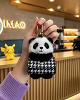 Étui pour écouteurs en peluche mignon en forme de panda, porte-clés, mini porte-monnaie en cuir PU pied-de-poule, breloque de sac à dos pour écouteurs sans fil, cadeau
