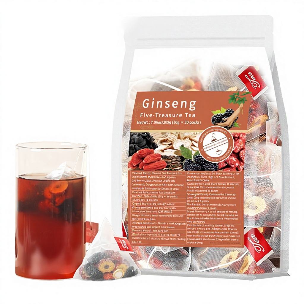 Organic Chinese Herbal Medicine Five Treasures Flavor Tea Ginseng Infused Jujube Health Energy Fertility and Kidney Support