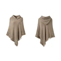 Pull d'hiver surdimensionné RTS pour femmes, couleur unie, poncho à capuche en tricot, cape en crochet, franges, châle enveloppant en cachemire