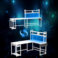 Bureau de jeu en forme de L moderne et réglable avec éclairage LED, table de jeu pour ordinateur blanche avec 2 prises + 2 ports USB