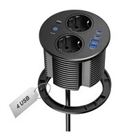 Yuvarlak Gömme Priz USB-C PD 20W 2 Tepsili Anahtar 2 USB-A 18W 4 USB Girişi 1.8m Kablo Tezgah Üstü Mutfak Siyah