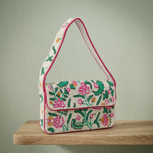 <b>Pink</b> Striped Embroidered Lemon Flap Handbag With Ring Handle Casual Daily Use Textile Handmade Bag - Product Image 2
