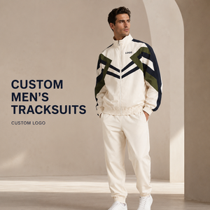 Sports Tracksuits For <b>Men</b> Custom Logo Retro Colorblock Zip Jacket <b>Jogger</b> Pants Cream <b>Navy</b> Athleisure Set - Product Image 1