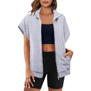 Sudadera sin mangas con cremallera para mujer, de gran tamaño, de color liso, con bolsillos, informal, transpirable, de punto - Product Image 1