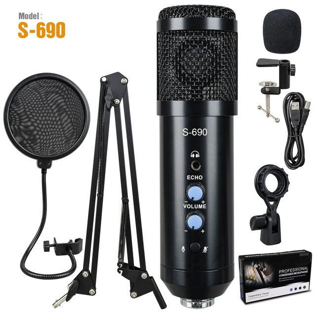 Professional Studio Condenser Microphone Large Diaphragm Cartridge with Shock Mount Filter Scissor Arm Stand