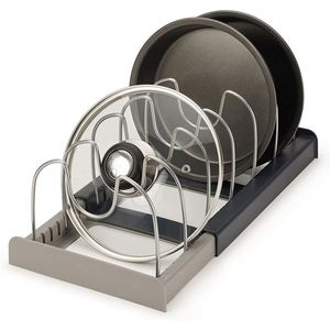 Organisateur de couvercles de casseroles et de planches à découper gris, extensible et coulissant, avec compartiments ajustables - Product Image 1