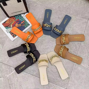 Sandales plates d'été pour femmes avec nouvelle chaîne métallique droite tendance, pour intérieur/extérieur, plage, antidérapantes, doublure en maille - Product Image 1