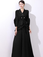 Mode 2025, ensemble décontracté pour femmes, uni, plissé, fleur tridimensionnelle, haut à manches longues, jupe mi-longue, design 100% polyester