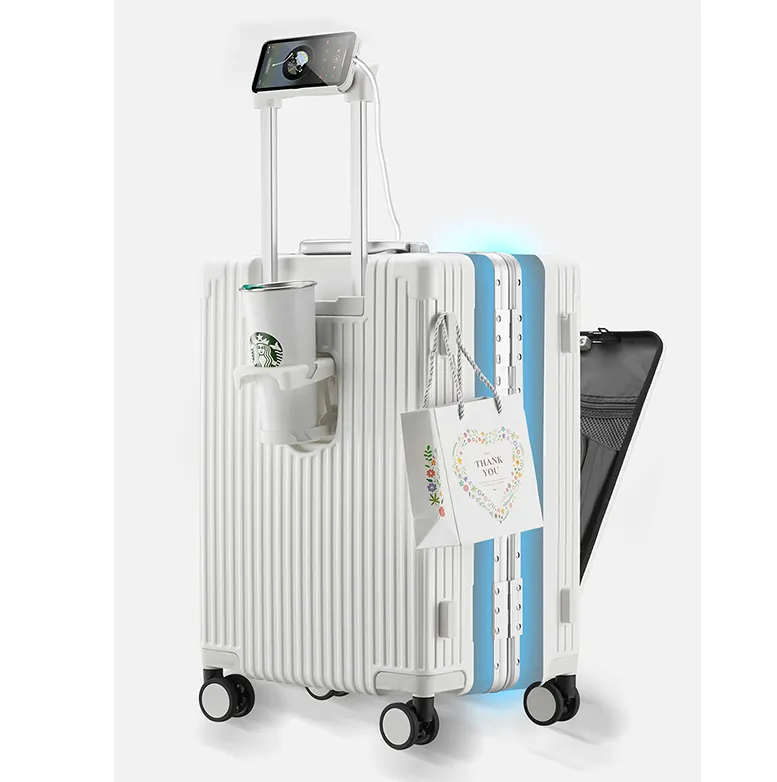 custom Multifunctional Front Open Luggage Aluminum Suitcase Travel Bag With Usb Charger And Cup Holder