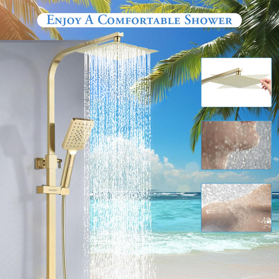 Wall Mounted Bathroom Shiny Gold Thermostatic Shower Faucet Set with 3 ...