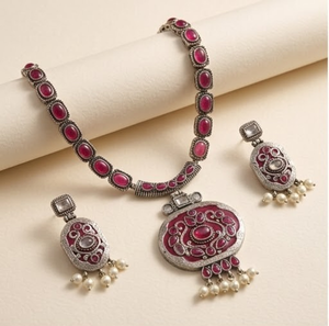 DIVYORO <b>Ruby</b> Red Oval Stone Pendant <b>Necklace</b> Set Oxidized Finish Elegant Designer Jewelry Set with Earrings Fashion Jewelry - Product Image 5