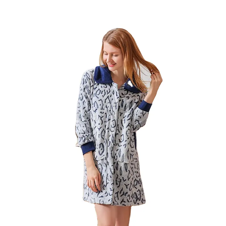 Woman Fleece Sleepwear Cut Flower Winter Nightgown Turn-down Collar Dress Robe