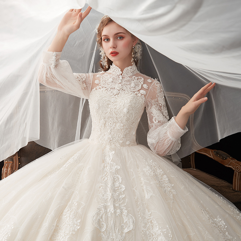 High Neck Long Sleeve Lace Wedding Dress With Pearls - Plus Size Ball Gown  Robe De Mariage for Elegant Bridal Look