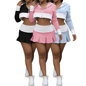 Ensemble deux pièces pour femmes Jupes plissées à capuche à manches longues Ensemble 2 pièces Gril Jupe courte taille haute Ensemble deux pièces pour femmes - Product Image 1