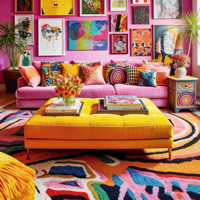 Canapé en velours rose vif maximaliste artistique, sectionnel contemporain audacieux et coloré pour salon