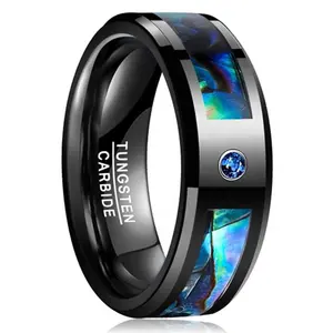 POYA-anillo con incrustación de concha de abulón de tungsteno negro, 8mm, piedra de zafiro azul, banda de boda para hombre