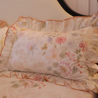 Parure de lit 4 pièces 100 % coton, motif floral crème, jupe de lit princesse à volants en dentelle, sans attaches, taille Queen