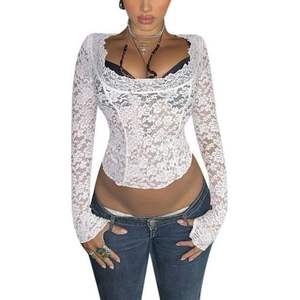 Haut court en dentelle pour femmes, col carré, manches longues, maille respirante, longueur courte, blanc - Product Image 2