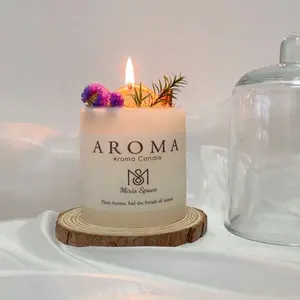 ピラーホワイトの香りのアロマキャンドルの香りドライフラワー付きアロマキャンドルガラスドーム蓋付き装飾キャンドル