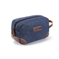 Özel Premium bayan erkek tıraş çanta seyahat aksesuarları lacivert deri büyük Denim kozmetik çantası