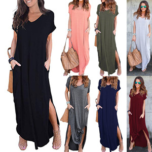 Vendite calde <span class=keywords><strong>abbigliamento</strong></span> <span class=keywords><strong>donna</strong></span> Casual ampio tascabile abito lungo manica corta Modulare Maxi abiti - Product Image 2