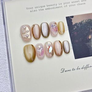 Nuevo Producto Lanzado, <span class=keywords><strong>Uñas</strong></span> Postizas Hechas a Mano Estilo Ojo de Gato Transparente con Mini <span class=keywords><strong>Margaritas</strong></span> Plateadas y Suavemente Doradas, Estilo Francés, para Primavera y Verano - Product Image 4