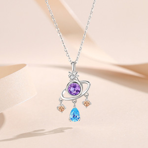 Collier Pendentif Planète Romantique en Argent Sterling S925, Incrusté de Pierres Précieuses Colorées, Luxe Léger, Accessoire Quotidien pour Femme, Chaîne de Clavicule, Cadeau - Product Image 5