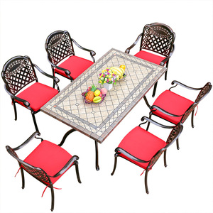 Outdoor Aluminum <b>Table</b> Set With Tile Top Rectangular 6 Seater Weather Resistant Patio Furniture For Garden Court Yard Hotel - Product Image 1